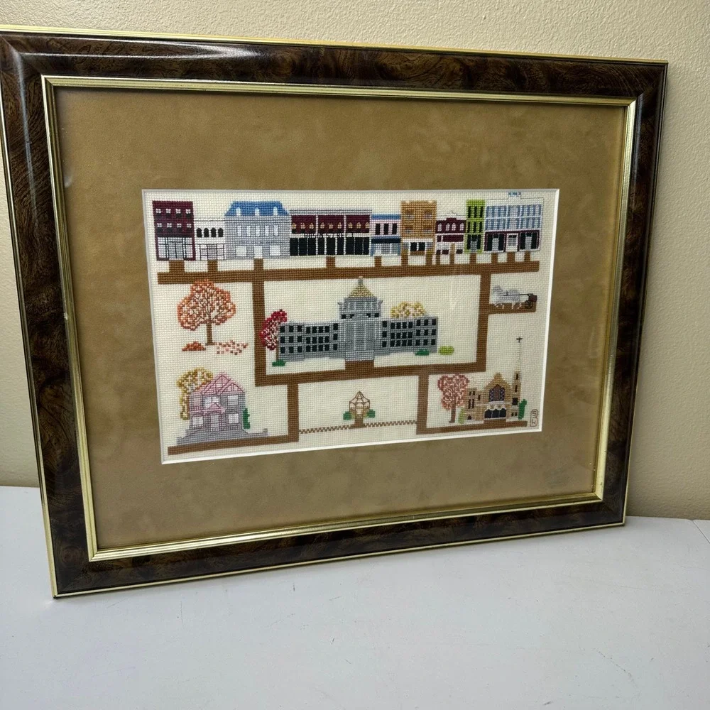Vintage Framed Cross Stitch Sampler Town Map Americana Folk Art Burl Wood Frame